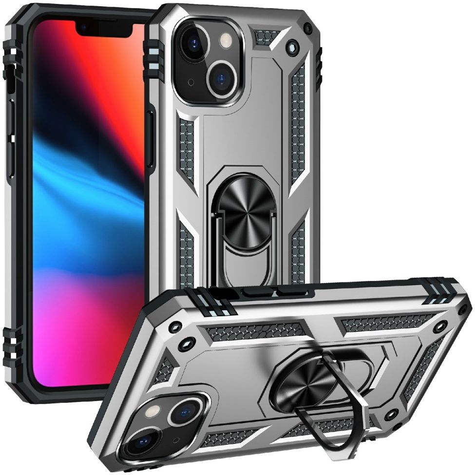 Apple iPhone 13 Hoesje Hybride Kickstand Back Cover Zilver afbeelding 2