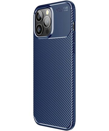 Apple iPhone 13 Pro Max Hoesje Siliconen Carbon TPU Back Cover Blauw Hoesjes