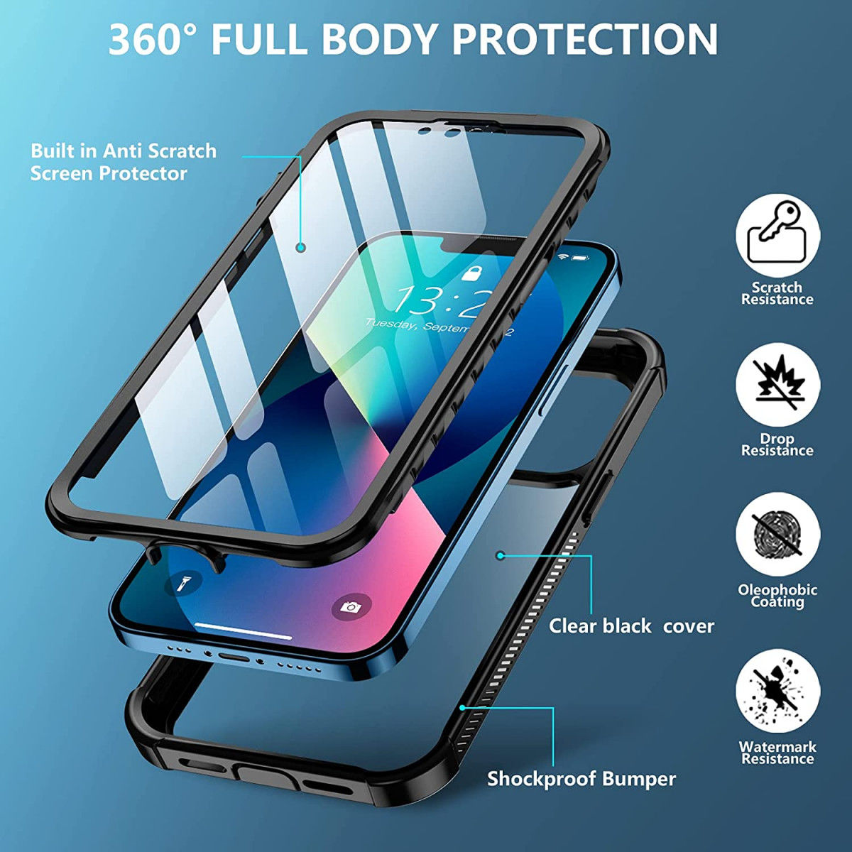 Apple iPhone 13 Mini Hoesje Full Protect 360° Cover Hybride Blauw afbeelding 11