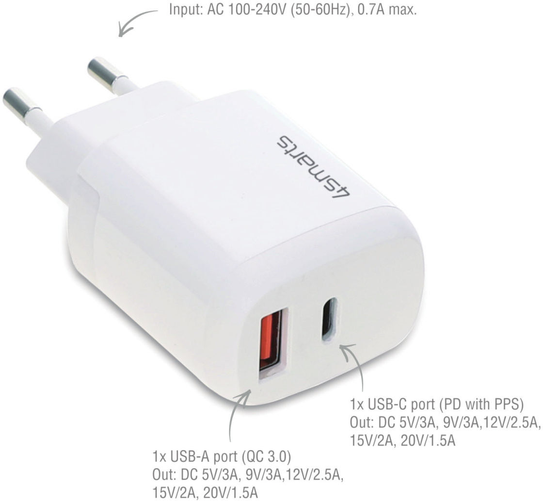 4smarts DoublePort 30W USB-A QC en USB-C Power Delivery Adapter Wit afbeelding 3