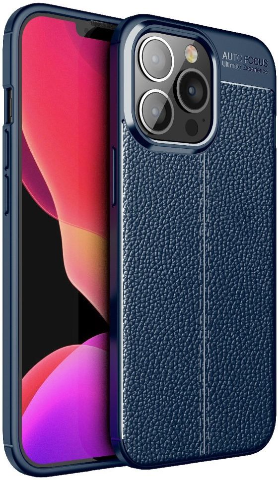 Apple iPhone 13 Pro Hoesje Litchi Skin Kunstleer Back Cover Blauw afbeelding 1