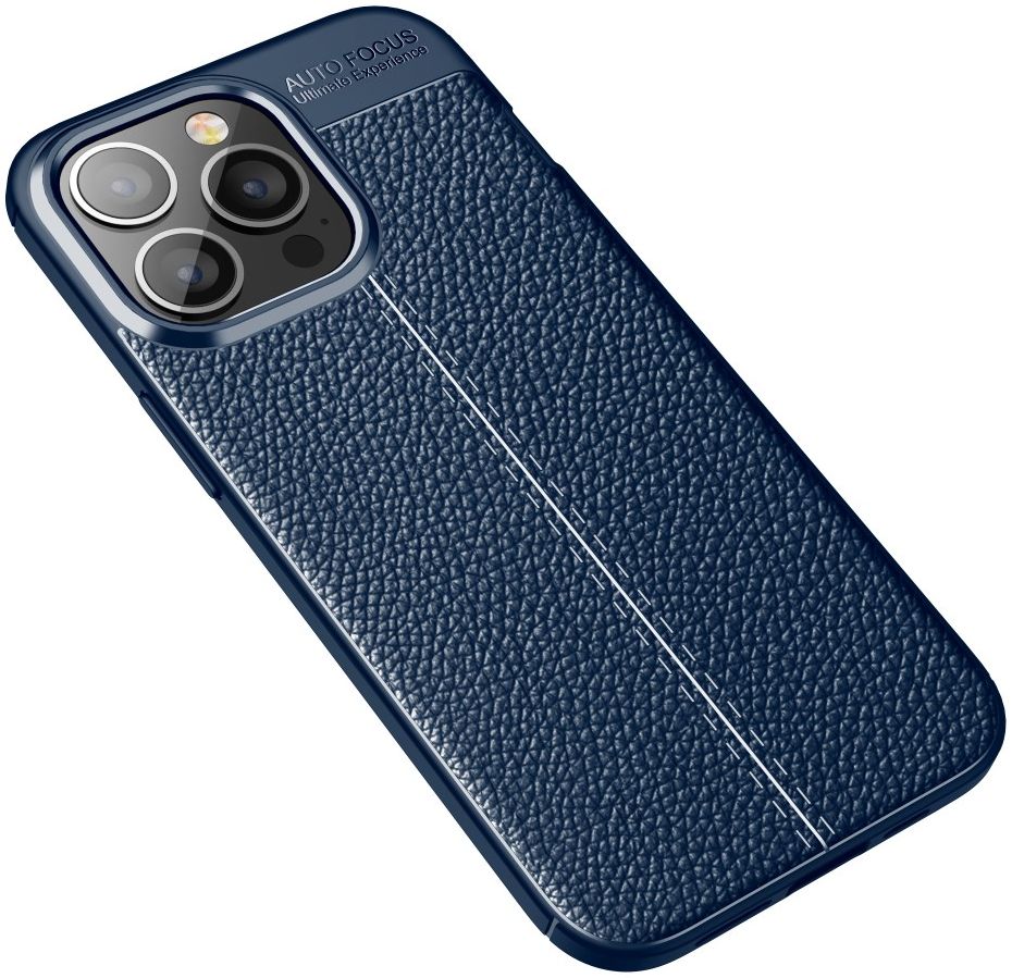 Apple iPhone 13 Pro Hoesje Litchi Skin Kunstleer Back Cover Blauw afbeelding 3