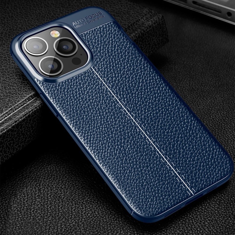 Apple iPhone 13 Pro Hoesje Litchi Skin Kunstleer Back Cover Blauw afbeelding 4