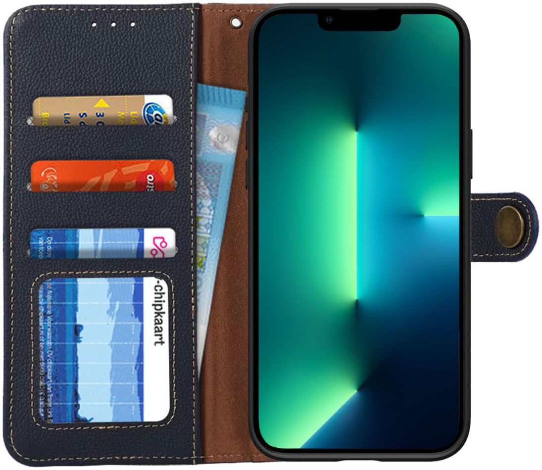 Apple iPhone 13 Pro Max Hoesje RFID Portemonnee Echt Leer Blauw afbeelding 1