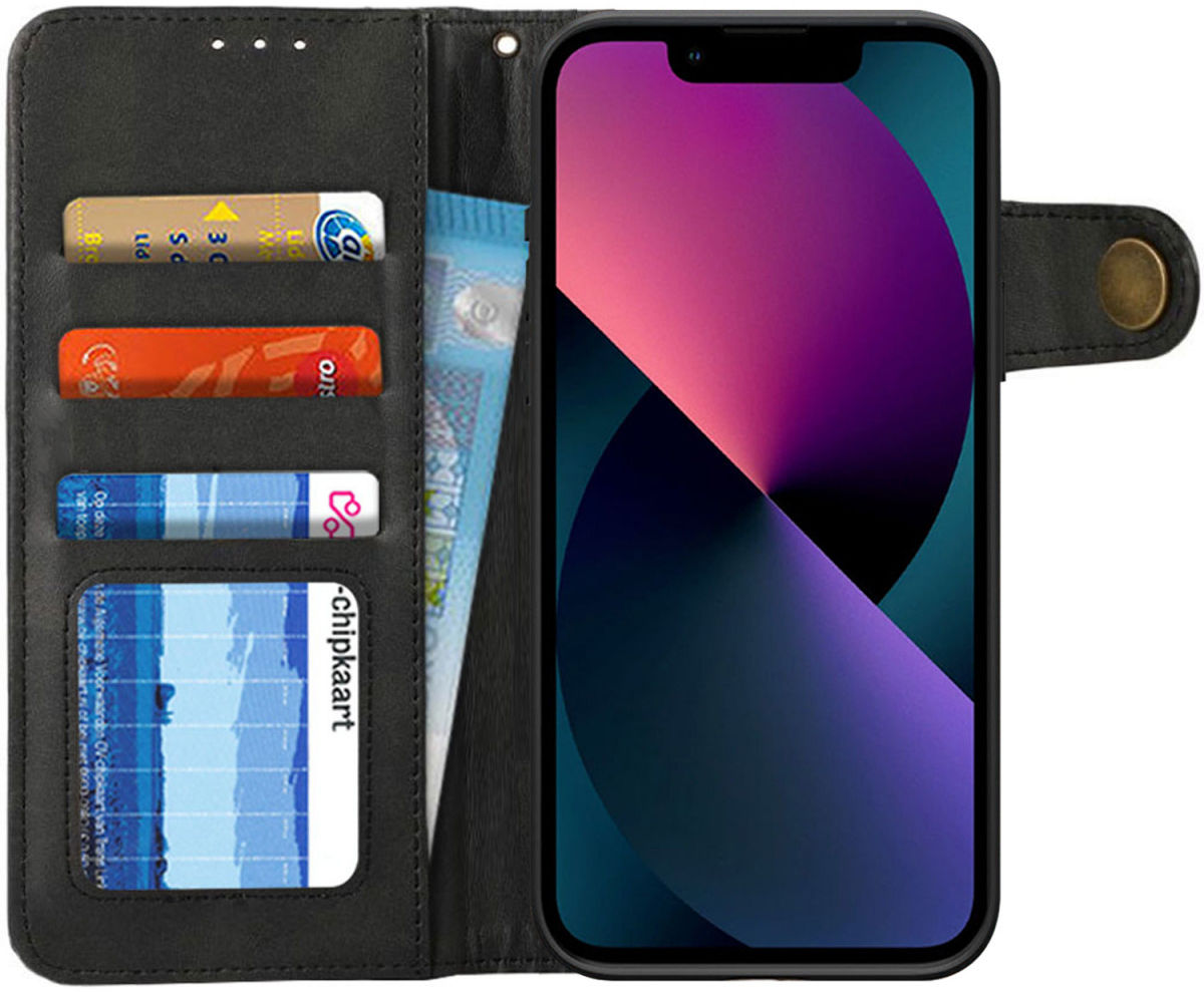 Apple iPhone 13 Mini Hoesje Retro Wallet Book Case met Koord Zwart afbeelding 1