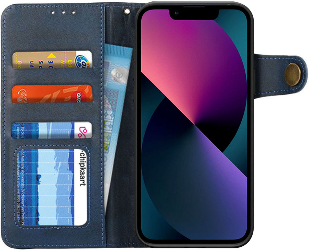 Apple iPhone 13 Mini Hoesje Retro Wallet Book Case met Koord Blauw afbeelding 1