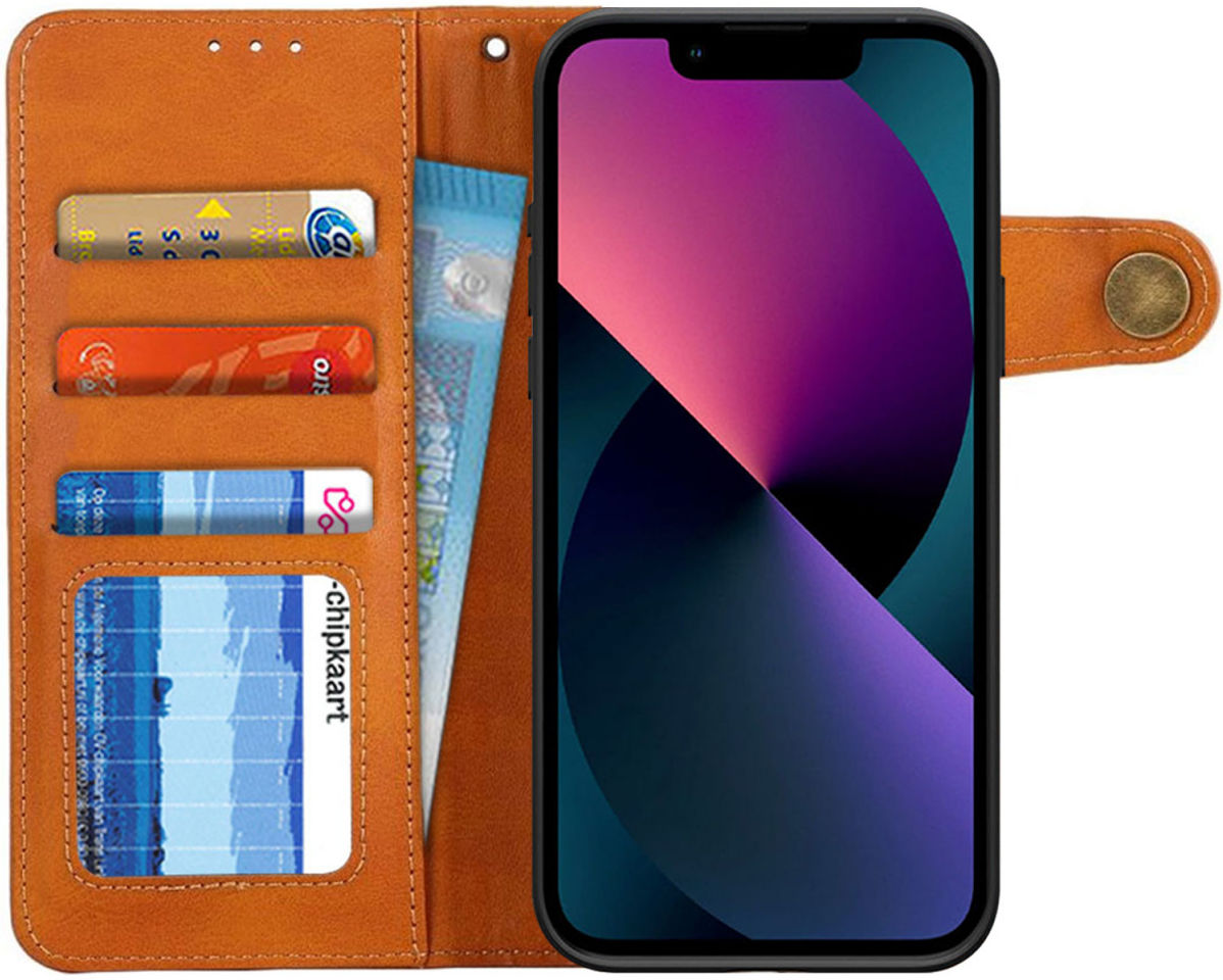 Apple iPhone 13 Mini Hoesje Retro Wallet Book Case met Koord Bruin afbeelding 1