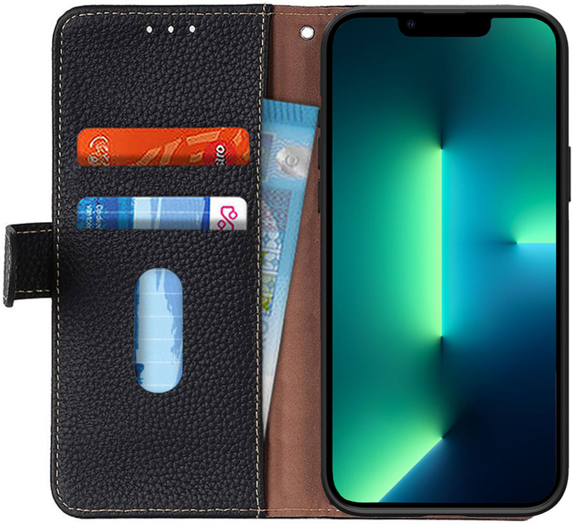 Apple iPhone 13 Pro Max Hoesje Portemonnee Book Case Echt Leer Zwart afbeelding 1