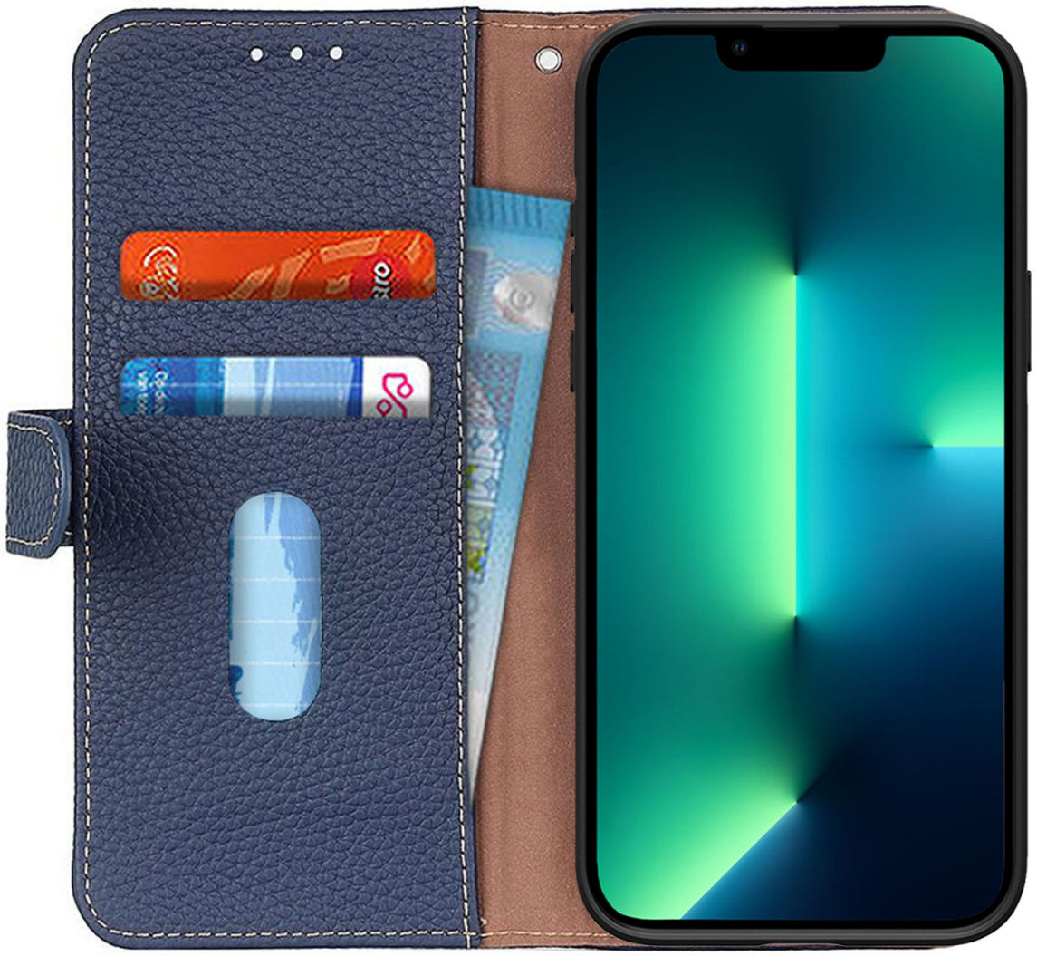 Apple iPhone 13 Pro Max Hoesje Portemonnee Book Case Echt Leer Blauw afbeelding 1