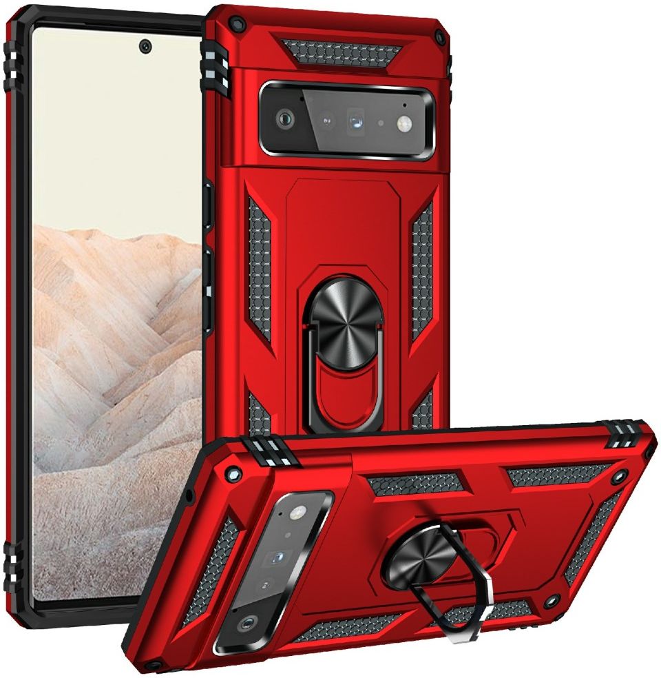 Google Pixel 6 Pro Hoesje Hybride met Kickstand Back Cover Rood afbeelding 1
