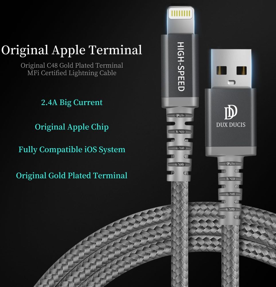 Dux Ducis X1 2.4A USB naar Apple Lightning Kabel MFi 1M Grijs afbeelding 3