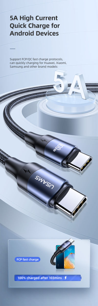 Fast Charge 100W PD USB-C Snellaad Kabel 5A Gevlochten Nylon 2 Meter afbeelding 8