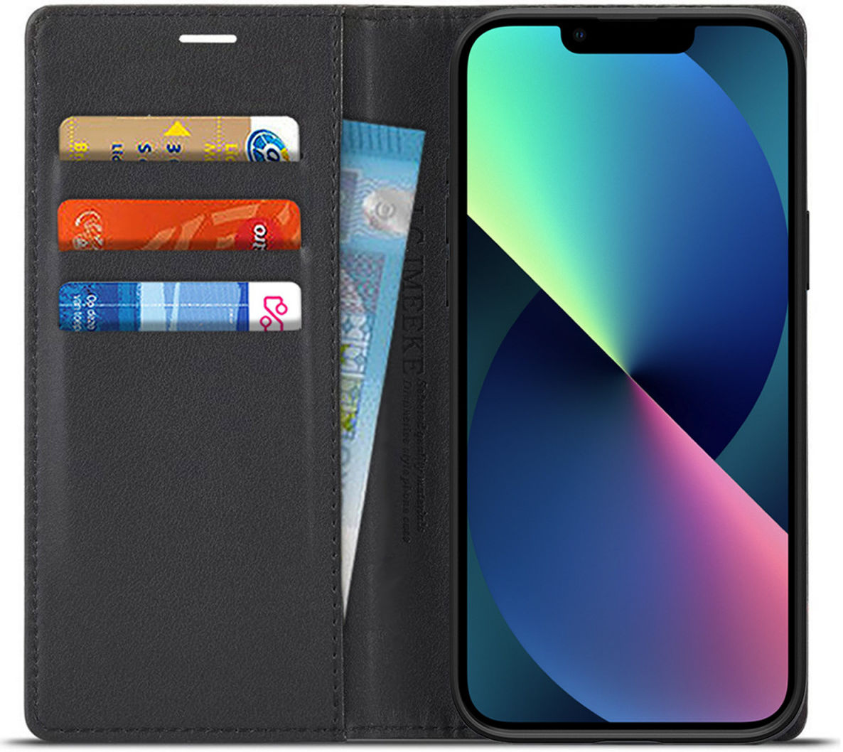 Apple iPhone 13 Hoesje Carbon Fiber Portemonnee Book Case Zwart afbeelding 1