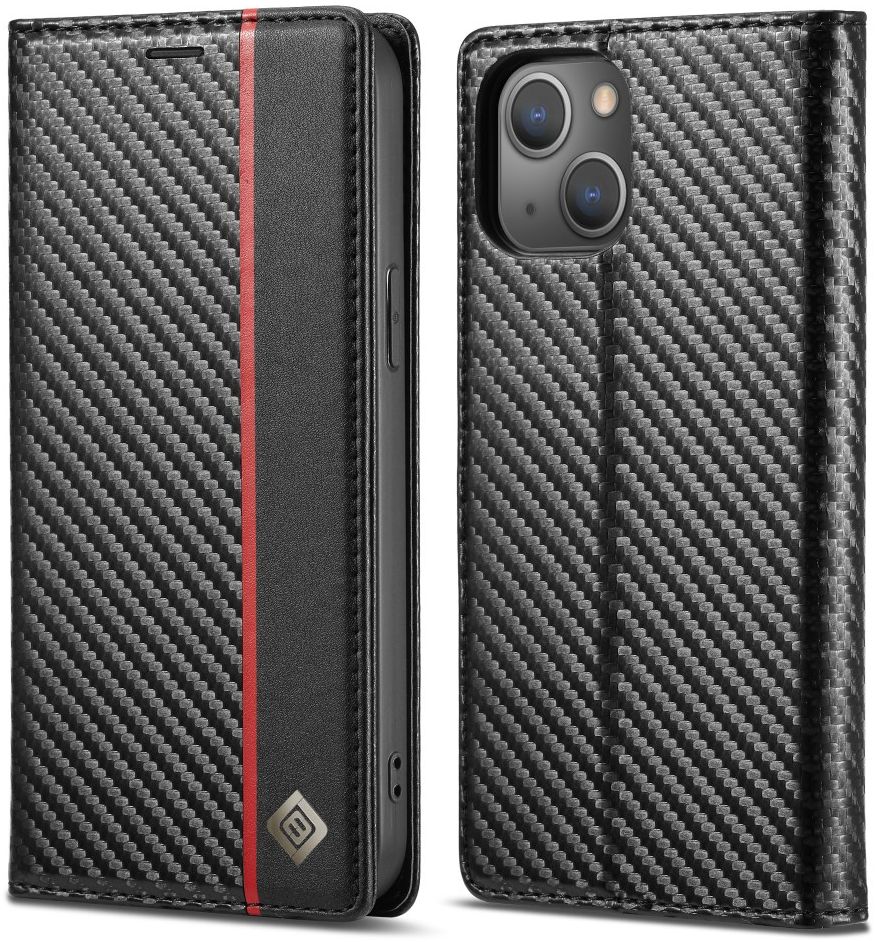 Apple iPhone 13 Hoesje Carbon Fiber Portemonnee Book Case Zwart afbeelding 3