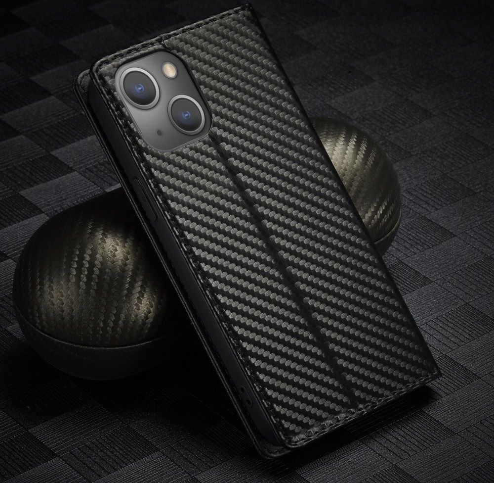 Apple iPhone 13 Hoesje Carbon Fiber Portemonnee Book Case Zwart afbeelding 8