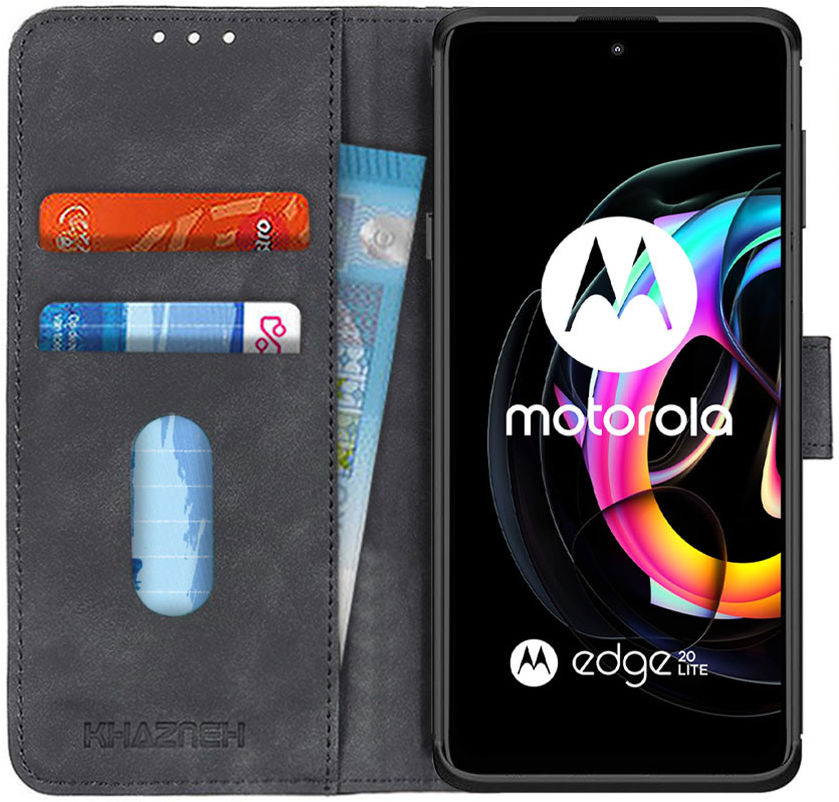 KHAZNEH Motorola Edge 20 Lite Hoesje Retro Wallet Book Case Zwart afbeelding 1