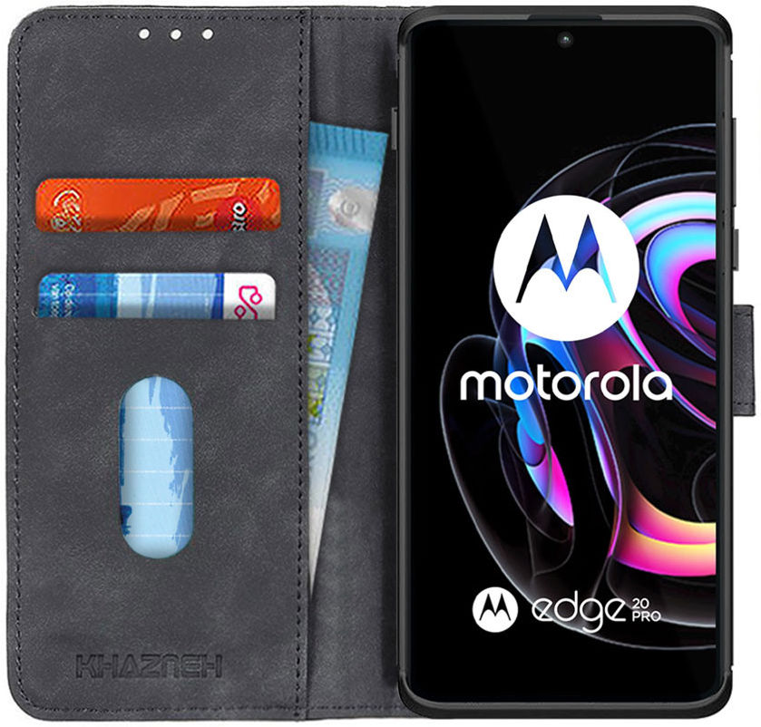 KHAZNEH Motorola Edge 20 Pro Hoesje Retro Wallet Book Case Zwart afbeelding 1