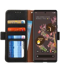 KHAZNEH Google Pixel 6 Hoesje RFID Wallet Book Case Echt Leer Zwart