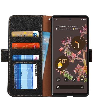 KHAZNEH Google Pixel 6 Hoesje RFID Wallet Book Case Echt Leer Zwart Hoesjes