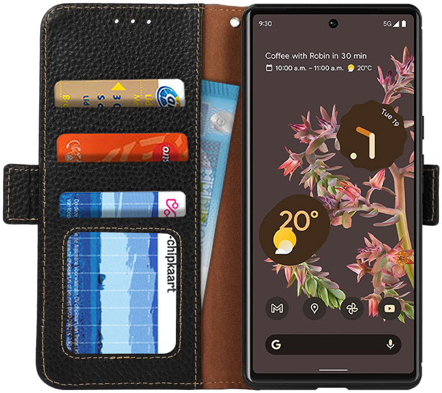 KHAZNEH Google Pixel 6 Hoesje RFID Wallet Book Case Echt Leer Zwart afbeelding 1