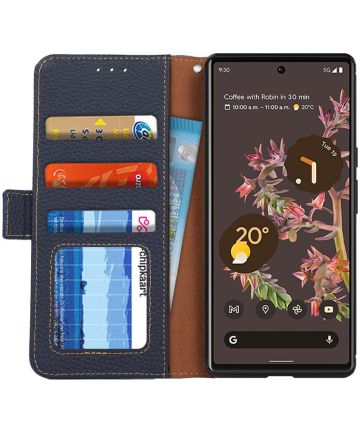 KHAZNEH Google Pixel 6 Hoesje RFID Wallet Book Case Echt Leer Blauw Hoesjes
