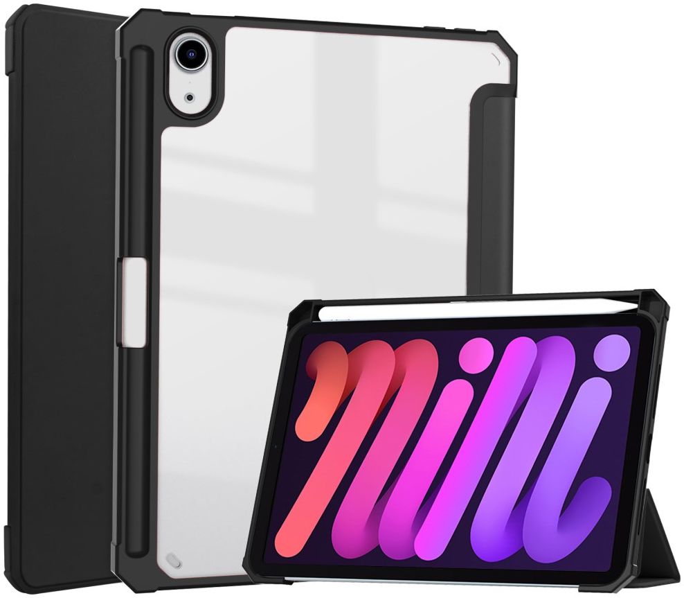 Apple iPad Mini 6 Hoes Tri-Fold Book Case Transparant/Zwart afbeelding 1
