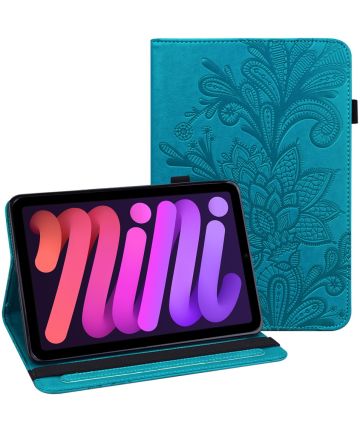 Apple iPad Mini 6 Hoes Portemonnee Book Case met Vlinder Print Blauw Hoesjes