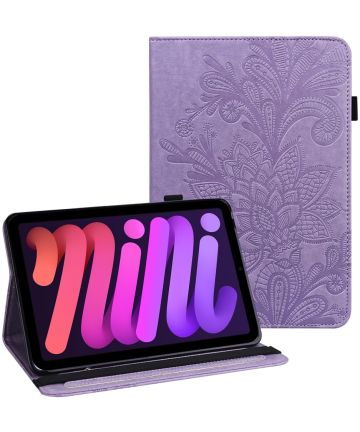 Apple iPad Mini 6 Hoes Portemonnee Book Case met Vlinder Print Paars Hoesjes