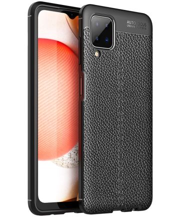 Samsung Galaxy A12 Litchi Hoesje TPU Met Leren Textuur Zwart Hoesjes