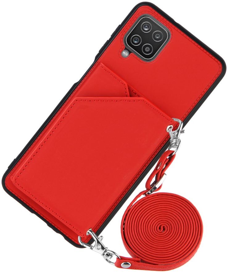 Samsung Galaxy A12 Hoesje Portemonnee Back Cover met Koord Rood afbeelding 2