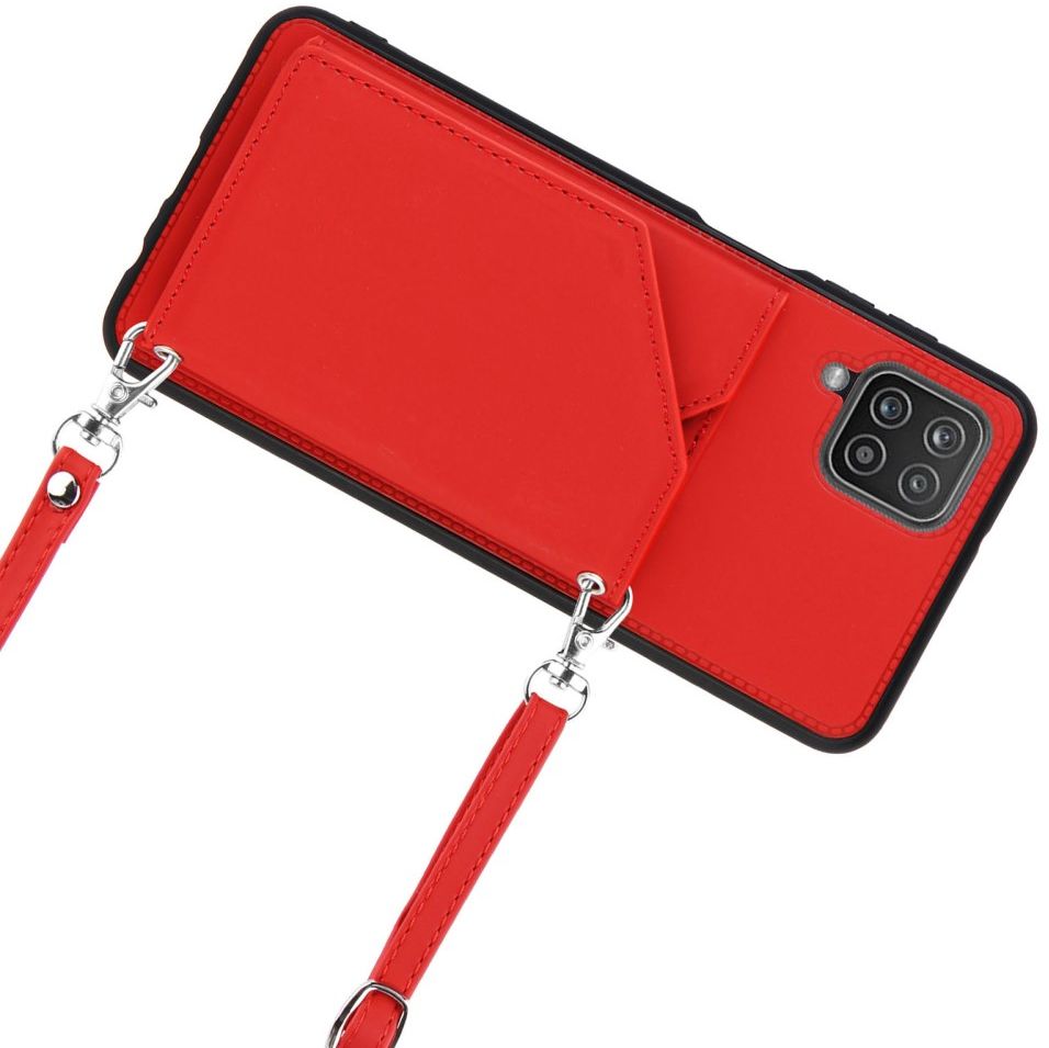 Samsung Galaxy A12 Hoesje Portemonnee Back Cover met Koord Rood afbeelding 6