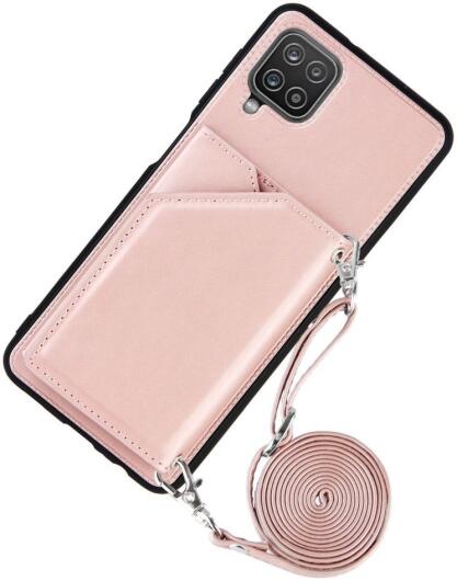 Samsung Galaxy A12 Hoesje Portemonnee Back Cover met Koord Roze Goud afbeelding 2