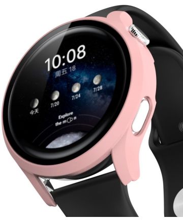 Huawei Watch 3 Pro Hoesje Hard Plastic Bumper met Tempered Glass Roze Screen Protectors