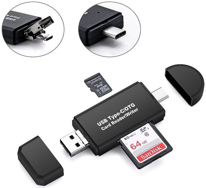 On The Go Geheugenkaartlezer USB 2.0 / MicroUSB / USB-C Cardreader afbeelding 1