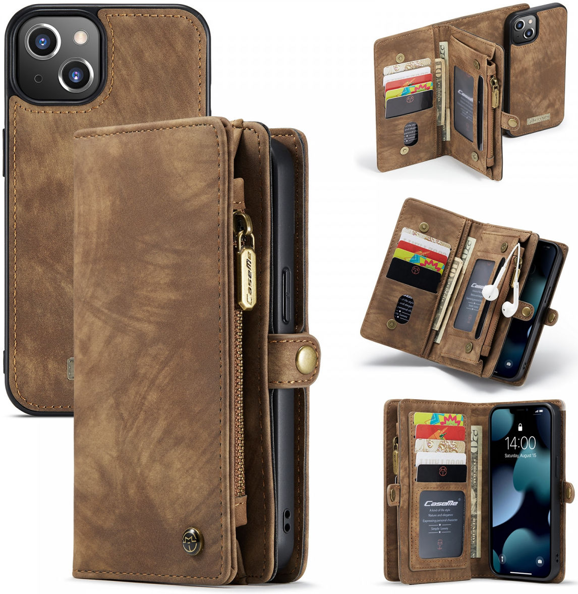 CaseMe 2-in-1 iPhone 13 Mini Hoesje Book Case met Back Cover Bruin afbeelding 8