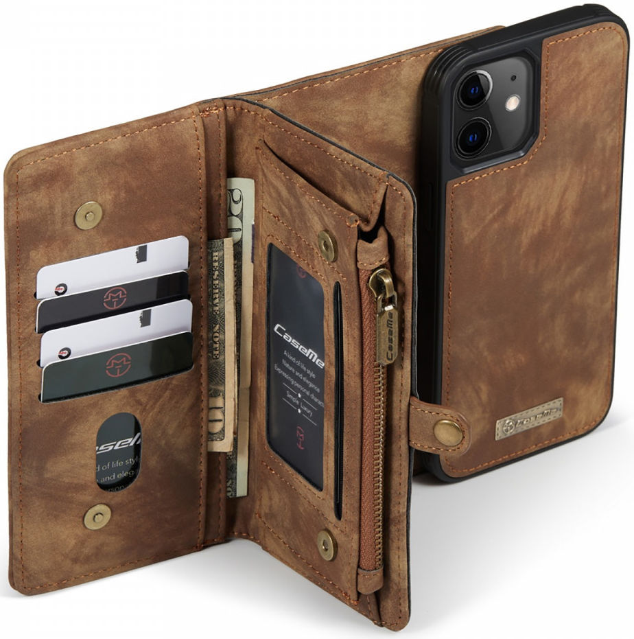 CaseMe 2-in-1 iPhone 12 Mini Hoesje Book Case met Back Cover Bruin afbeelding 1