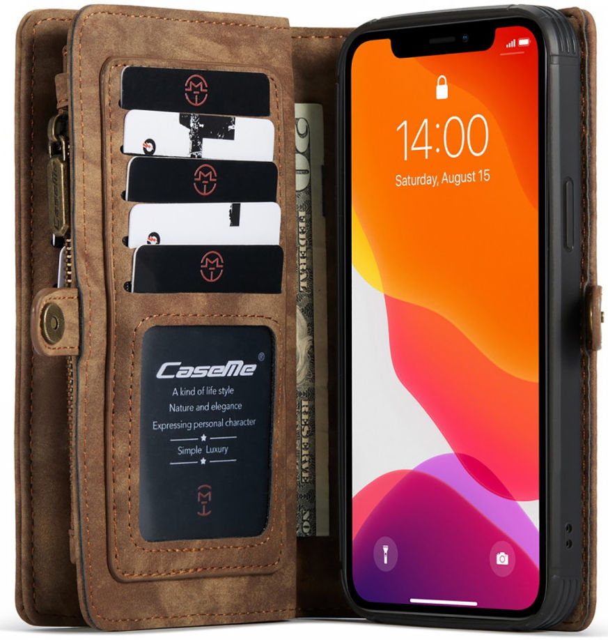 CaseMe 2-in-1 iPhone 12 Mini Hoesje Book Case met Back Cover Bruin afbeelding 5