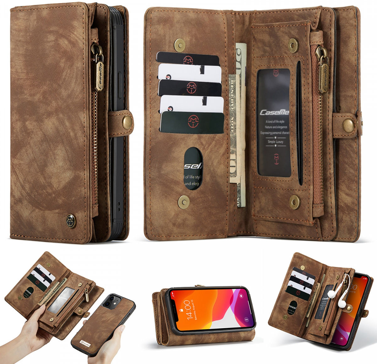CaseMe 2-in-1 iPhone 12 Mini Hoesje Book Case met Back Cover Bruin afbeelding 9