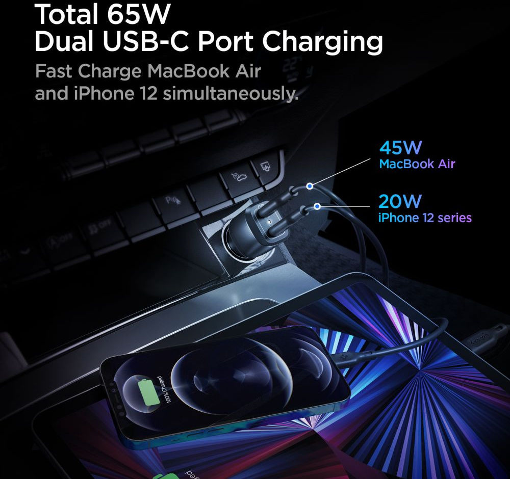 Spigen PC2000 PowerArc Fast Charge Autolader 65W PD en QC 3.0 Zwart afbeelding 2