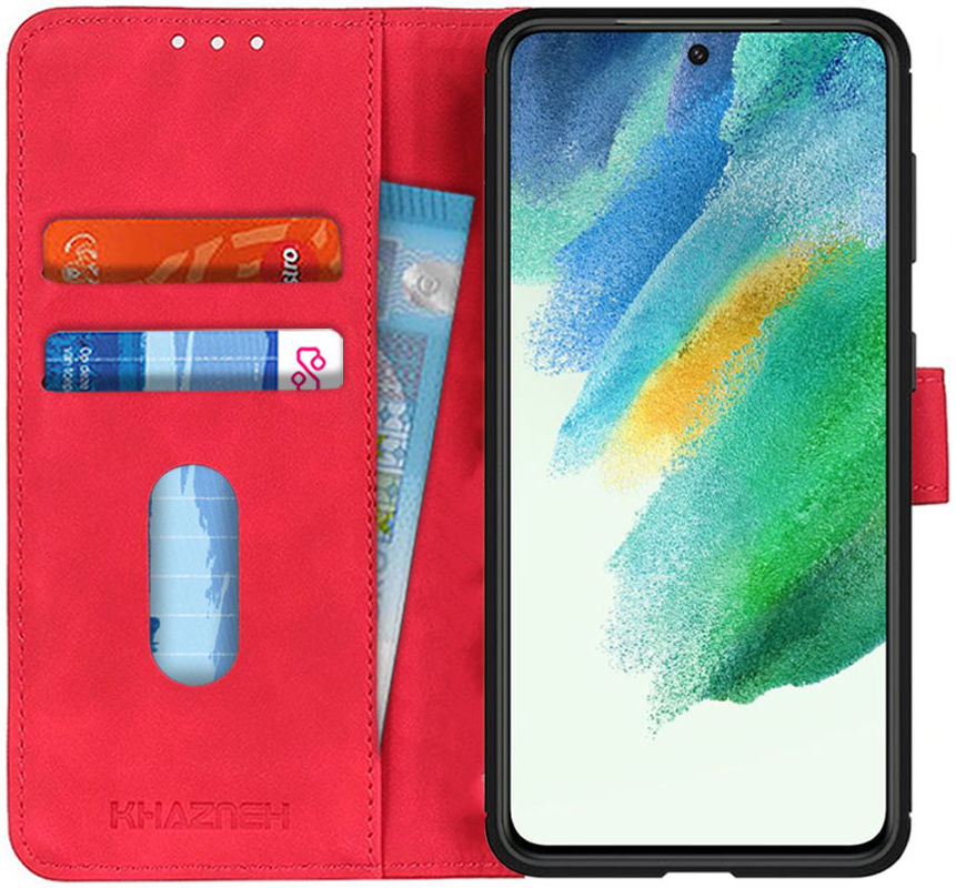 KHAZNEH Samsung Galaxy S21 FE Hoesje Vintage Wallet Book Case Rood afbeelding 1