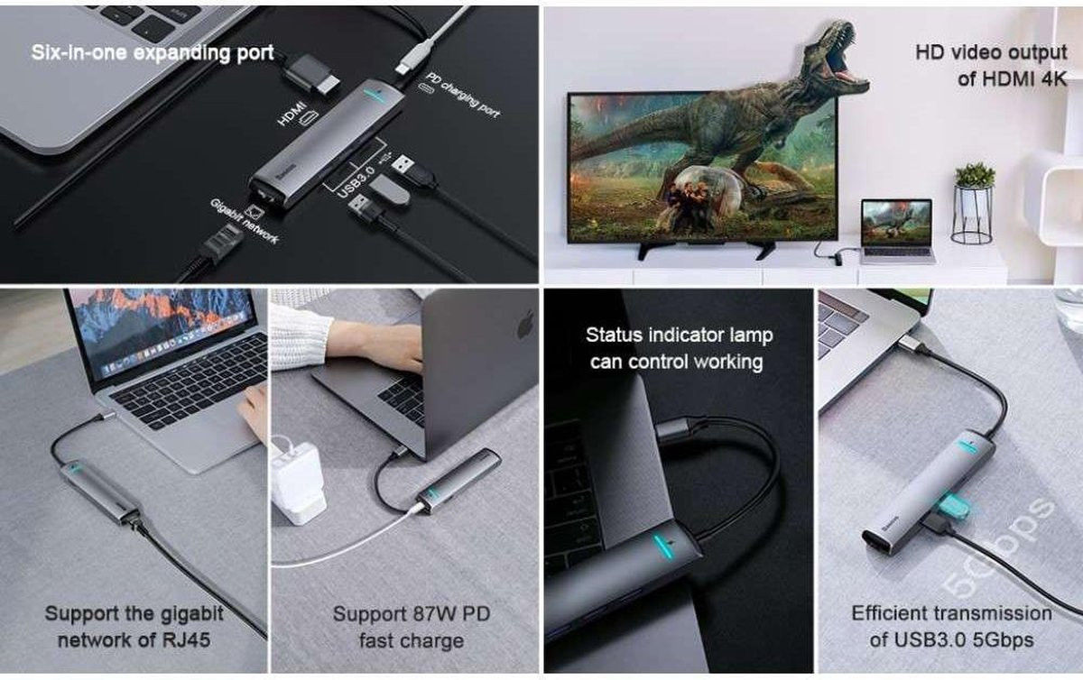Baseus USB 3.0 / USB-C PD 87W / HDMI 4K / RJ45 LAN Laptop/Macbook Hub afbeelding 5