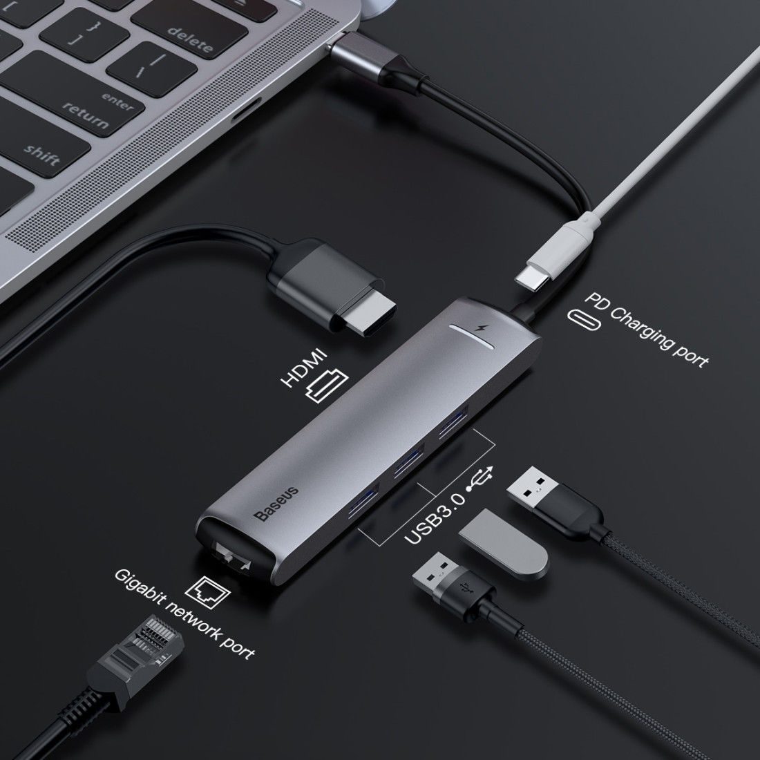Baseus USB 3.0 / USB-C PD 87W / HDMI 4K / RJ45 LAN Laptop/Macbook Hub afbeelding 2