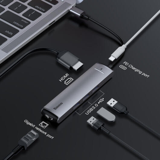 Baseus USB 3.0 / USB-C PD 87W / HDMI 4K / RJ45 LAN Laptop/Macbook Hub afbeelding 2