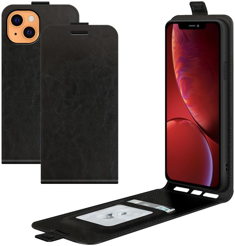 Apple iPhone 13 Hoesje Verticale Flip Wallet Case Kunstleer Zwart afbeelding 6