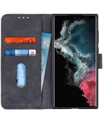 KHAZNEH Samsung Galaxy S22 Ultra Hoesje Retro Wallet Book Case Zwart Hoesjes