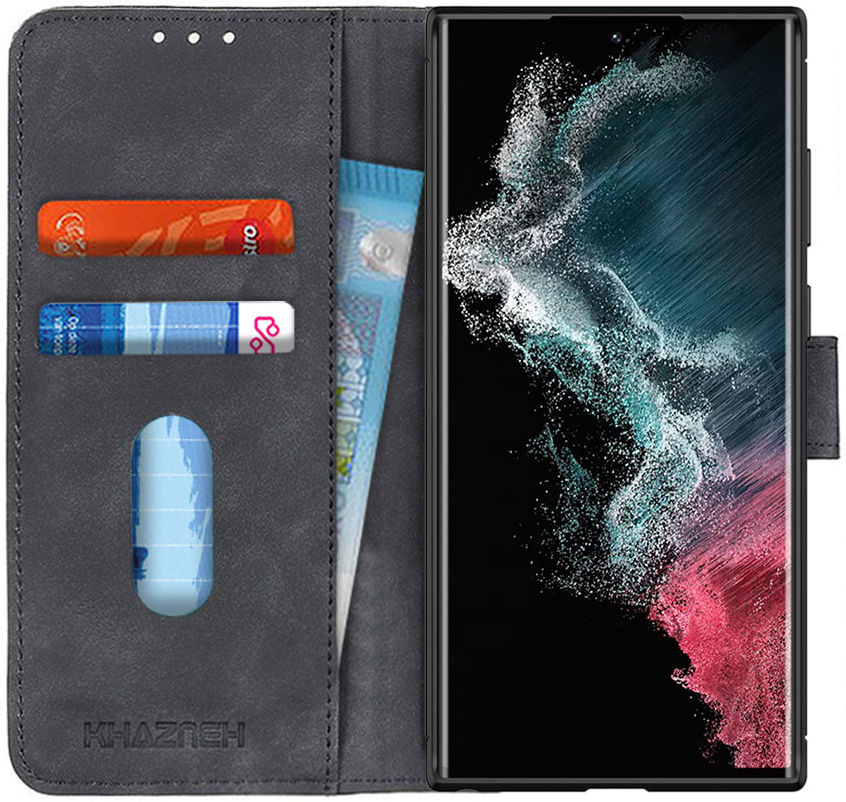 KHAZNEH Samsung Galaxy S22 Ultra Hoesje Retro Wallet Book Case Zwart afbeelding 1