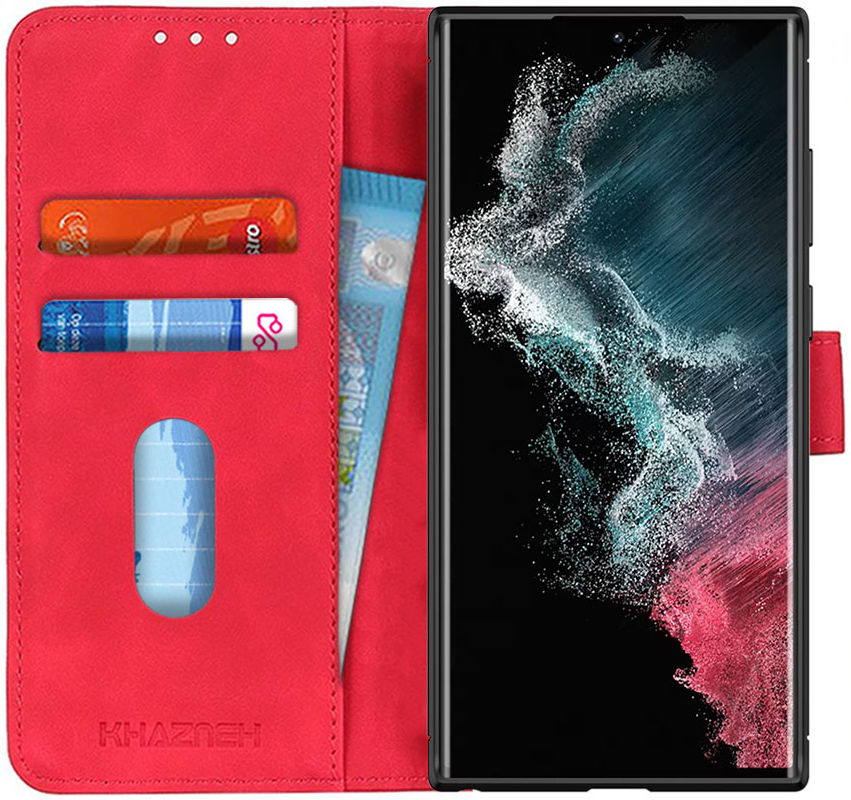 KHAZNEH Samsung Galaxy S22 Ultra Hoesje Retro Wallet Book Case Rood afbeelding 1
