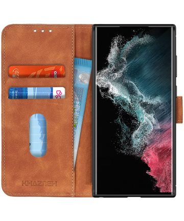 KHAZNEH Samsung Galaxy S22 Ultra Hoesje Retro Wallet Book Case Bruin Hoesjes