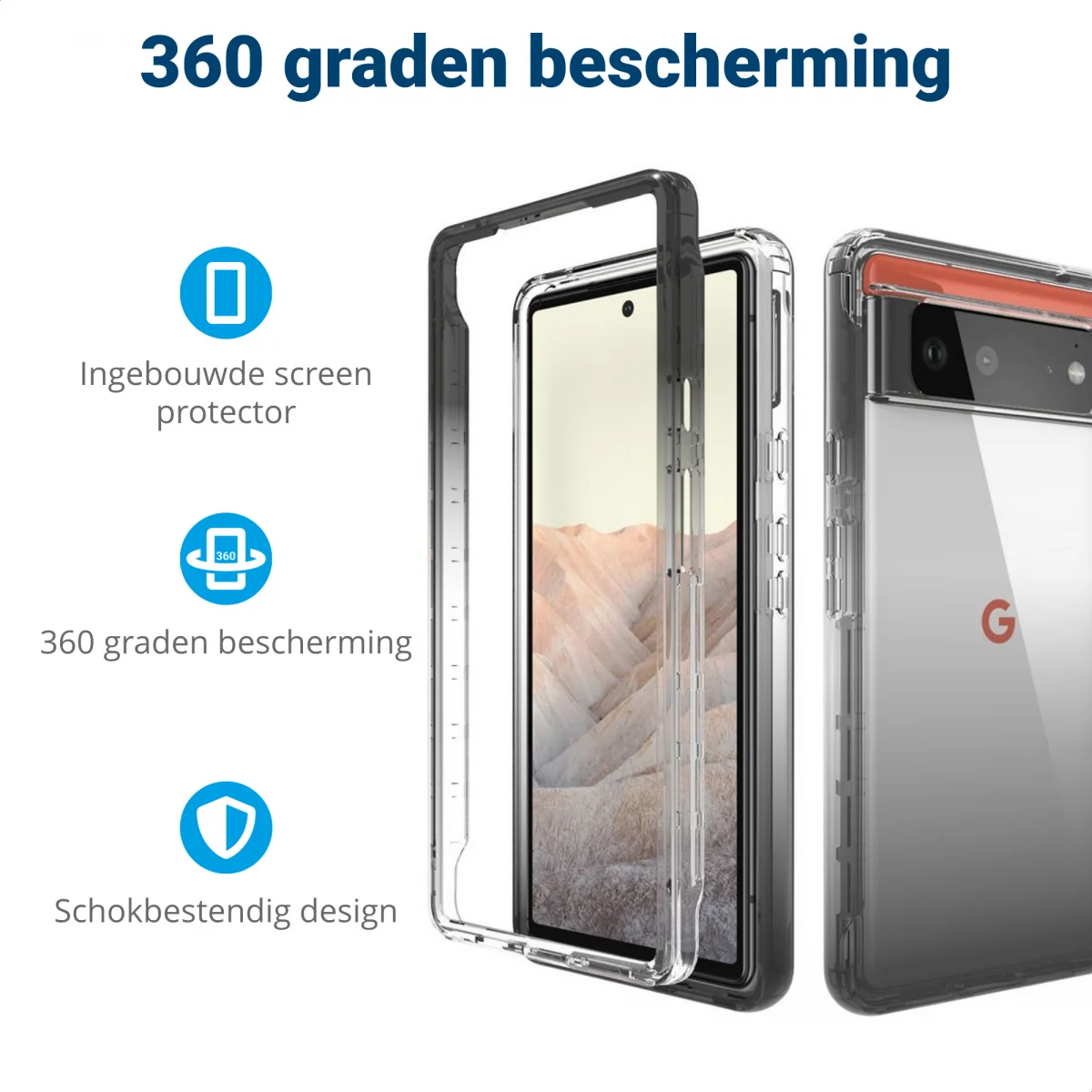 Google Pixel 6 Hoesje Volledig Schokbestendig Cover Transparant Zwart afbeelding 2