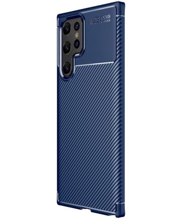 Samsung Galaxy S22 Ultra Hoesje Siliconen Carbon TPU Back Cover Blauw Hoesjes